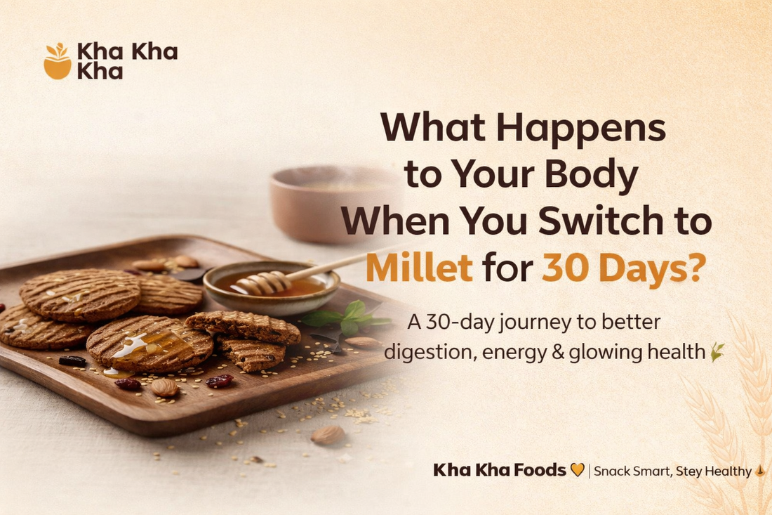 Millet cookies with honey and grains on a wooden tray with text “What Happens to Your Body When You Switch to Millet for 30 Days?” by Kha Kha Foods